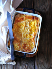 Baked cottage cheese with pita in kefir-egg filling. Healthy food.