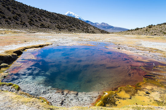 Junthuma geysers, formed by geothermal activity. Bolivia. Sajama National Park is a national park located in the Oruro Department, Bolivia. It borders Lauca National Park in Chile. 