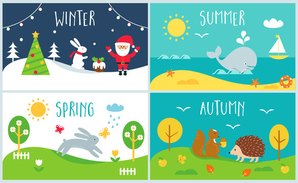 Seasons of the Year Cards. Winter, Spring, Summer, Autumn Stock