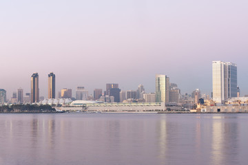 Modern San Diego skyline across the bay at dusk, California

