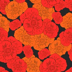 Foto op Canvas Seamless pattern with red and orange poppies in dark background.  Floral seamless background for dress, manufacturing, wallpapers, prints, gift wrap and scrapbook.    © cathyrina