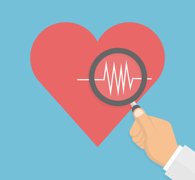 Heart inspection concept. Hand with magnifying glass inspecting heart. Flat style