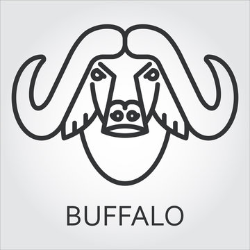 Black icon style line art, head wild animal buffalo, bull.
