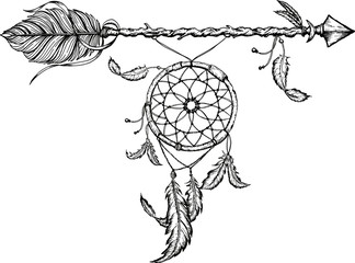 Ethnic arrows, feathers, dreamcatcher. Boho style. Freedom concept.