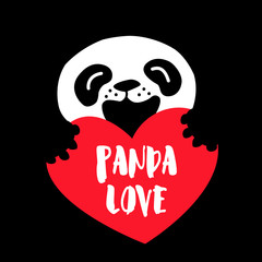 Panda Love. Cartoon bear and big red heart on black background. Vector
