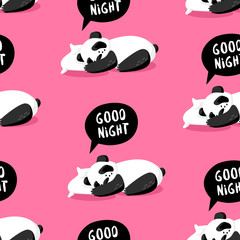 Seamless pattern with panda sleeping on a pillow. Good night. Cover for wrapping and textile. Vector background.
