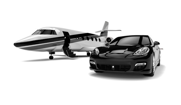 Private jet with a Luxury Car / 3D render image representing a private jet and a uxury car 