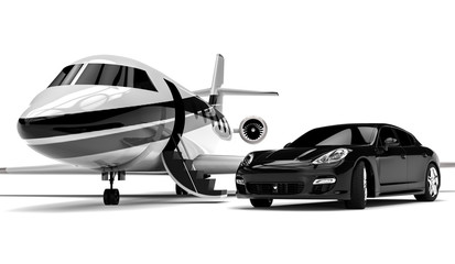 Private jet with a Luxury Car / 3D render image representing a private jet and a uxury car 