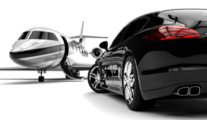 Obraz na płótnie Canvas Private jet with a Luxury Car / 3D render image representing a private jet and a uxury car 