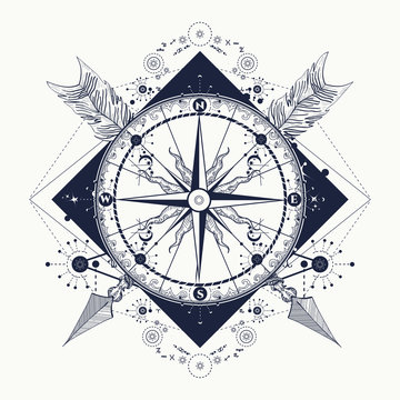 Compass and crossed arrows tattoo art. Symbol of tourism