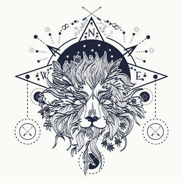Mystic lion tattoo art. Alchemy, religion, spirituality