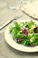 Green salad with spinach, frisee, arugula and radicchio on blue wooden background