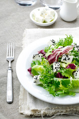 Green salad with spinach, frisee, arugula, radicchio, feta cheese and black sesame seed on blue wooden background