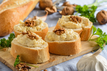 Baguette with cheese pasta and walnuts