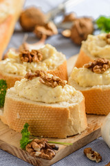 Baguette with cheese pasta and walnuts