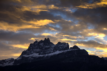 Sunset in Dolomites mountains around Famous ski resort Cortina D