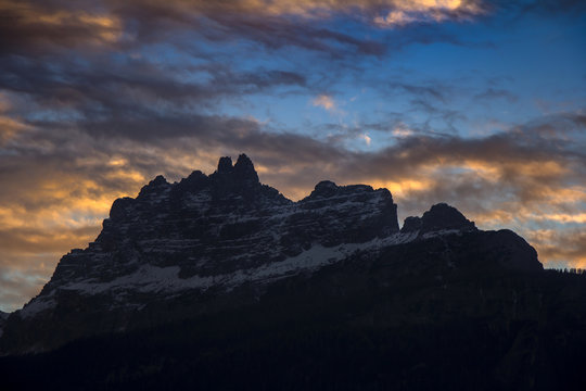Sunset in Dolomites, mountains around Famous ski resort Cortina