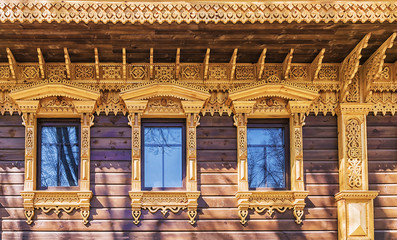 facade of the house decorated with beautiful Russian wood carvin