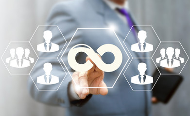 Infinity business success finance investment start up concept. Strategy planning banking internet computing technology. Businessman with clipboard offers infinite budget corporation