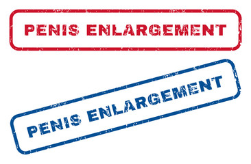 Penis Enlargement text rubber seal stamp watermarks. Vector style is blue and red ink tag inside rounded rectangular shape. Grunge design and dust texture. Blue and red stickers.