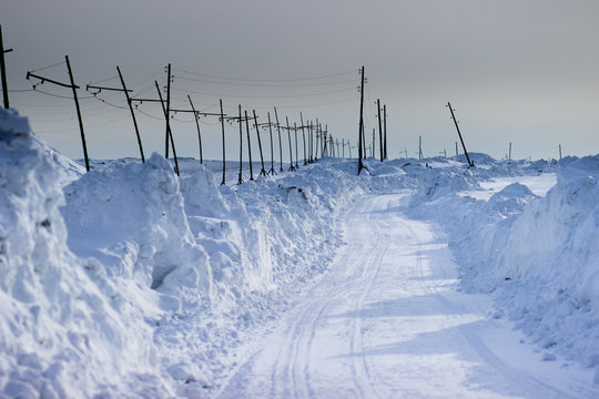 Winter Road In The Asbestos Quarry Along The Transmission Line