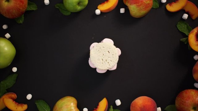 CLOSE UP FOOD: crazy sweet sandwich with candies, fruits, marshmallow and nutella