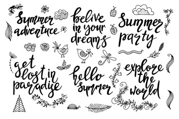 Set of hand drawn summer themed phrases.
