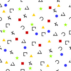 Seamless geometric vector pattern triangles squares circles stars uncompleted shapes colorful grey yellow blue green red