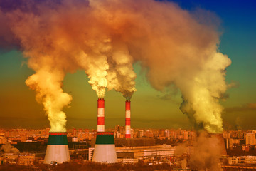Smoke from industrial pipes. Bright acid colors. - 136095540