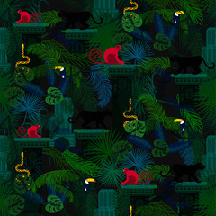 Obrazy  Las deszczowy dzikich zwierząt i roślin bezszwowe wektor wzór. Pantera i małpa w ciemnej dżungli.