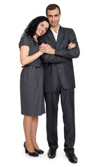 romantic couple in love, dressed in black suit, isolated white