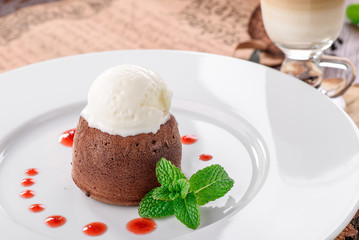 Chocolate fondant with mint and ice cream