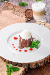 Chocolate fondant with mint and ice cream