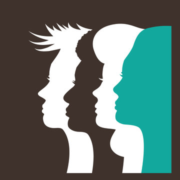 Silhouettes of four multicultural women. Profiles of women looking forward in solidarity. EPS 10 vector.