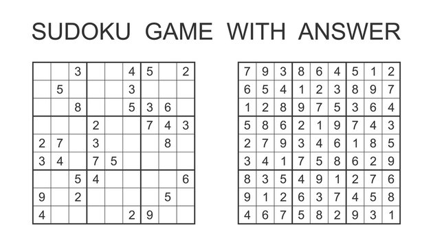 Sudoku game with answer. Vector puzzle game with numbers for kids and adults. Illustration on white background.