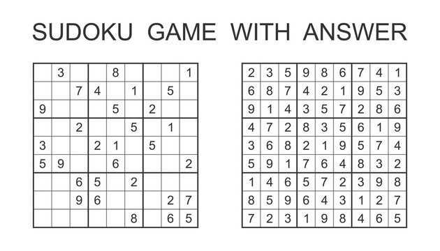 Sudoku game with answer. Vector puzzle game with numbers for kids and adults. Illustration on white background.