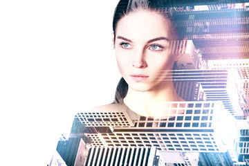 Woman on city background