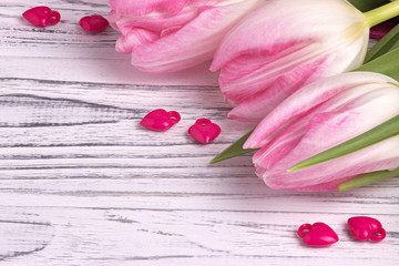 Purple hearts with rose tulips on white painted rustic white wooden background. Valentine Day.