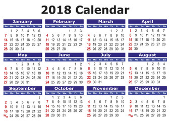 Simple vector calendar 2018 horizontal, 2018 calendar