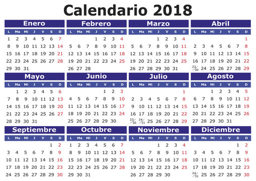 Spanish calendar 2018 horizontal, new year calendar, calendar 2018, year 2018 calendar, horizontal