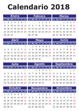Spanish calendar 2018, new year calendar, calendar 2018, year 2018 calendar