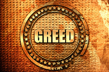 greed, 3D rendering, text on metal