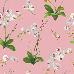 Orchid Tropical Leaves and Flowers Background. Seamless Pattern