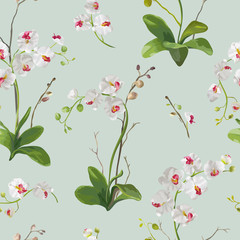 Orchid Tropical Leaves and Flowers Background. Seamless Pattern
