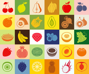 Fruits web icon set. Food background vector. Organic food. Healthy natural ingredients. Vegan food.