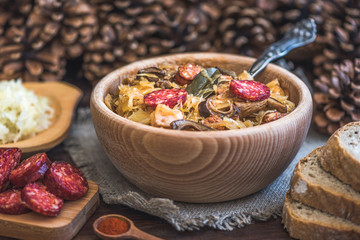 Traditional Sour Cabbage Soup with Sausage and Mushrooms