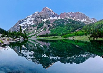 Maroon Bells peaks reflection in Crater  Lake. Aspen. Snowmass Village.  Colorado. United States.
