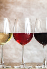 Glasses of red, rose and white wine