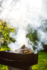 Firewood buring at campfire in the park during holidays