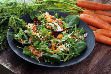 Fresh diet fitness salad of daikon radish, carrots, flax seeds, arugula. Vegan cuisine.